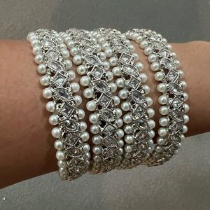 Silver & Faux Pearl Indian Bangle Bracelet Set
